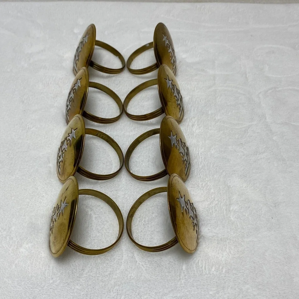 Set of 8 VTG Christmas Tree Napkin Rings Holders Brass Silver Tone Holiday Decor